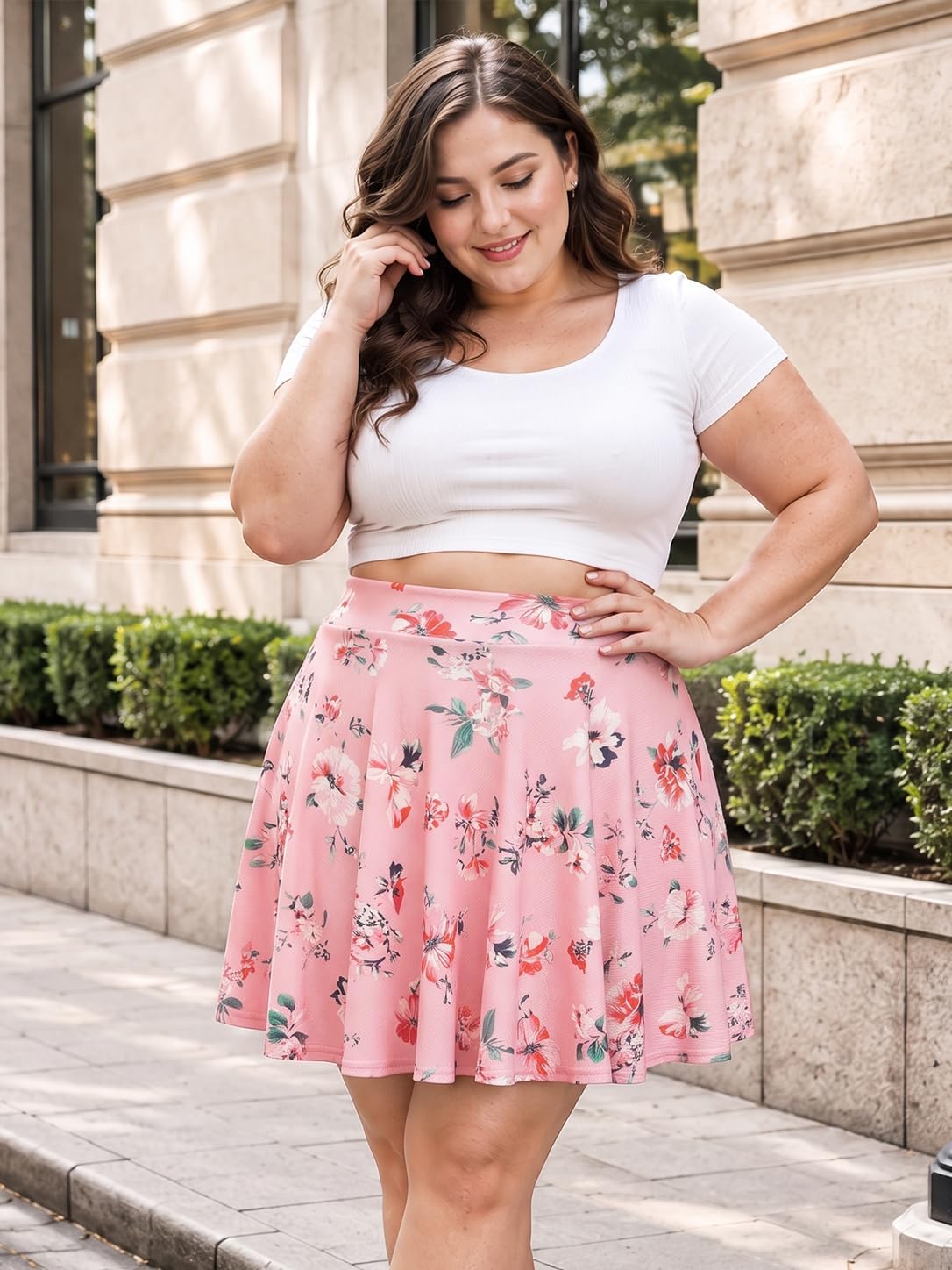 Moon Wood Women's Plus Size Skater Skirt High Waisted Flowy Flared Mini Skirt - Floral03 - view 2