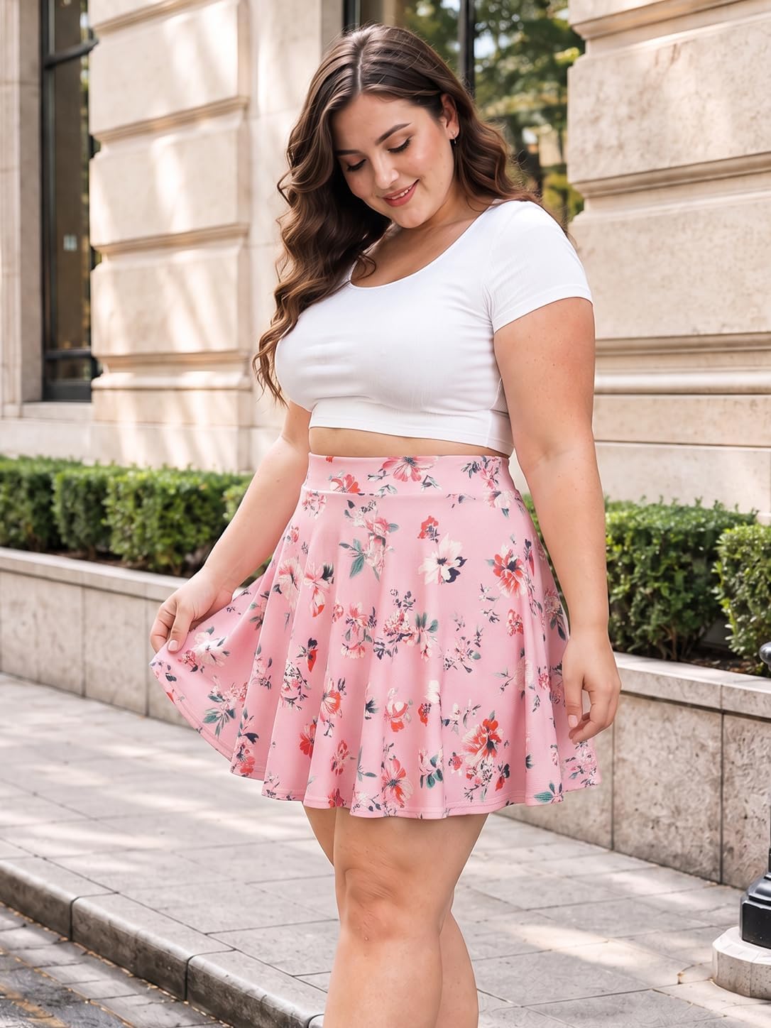 Moon Wood Women's Plus Size Skater Skirt High Waisted Flowy Flared Mini Skirt - Floral03 - view 3