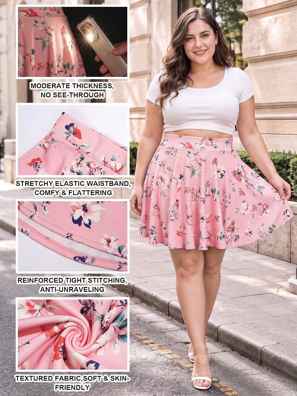Moon Wood Women's Plus Size Skater Skirt High Waisted Flowy Flared Mini Skirt - Floral03 - view 5