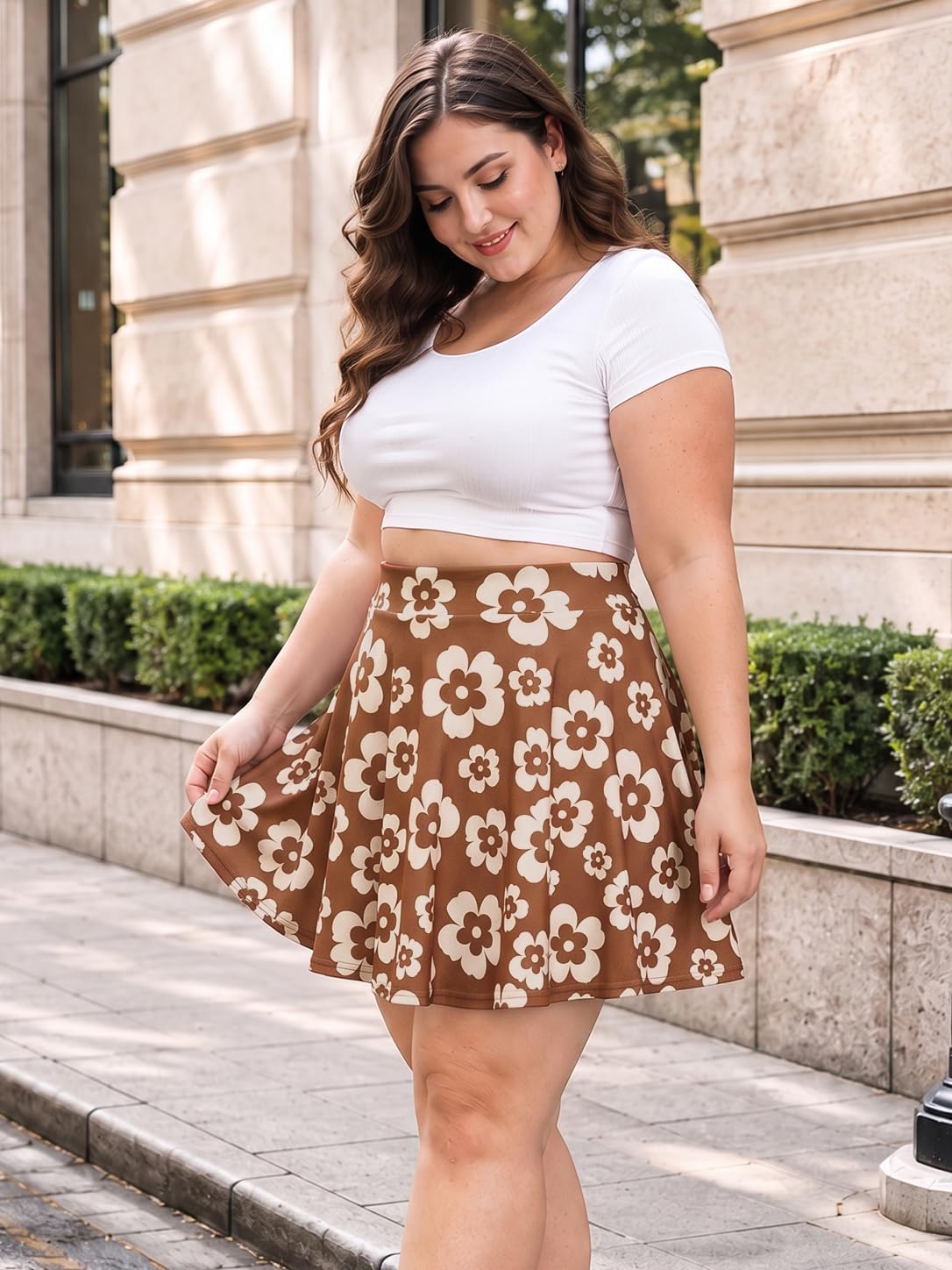 Moon Wood Women's Plus Size Skater Skirt High Waisted Flowy Flared Mini Skirt - Floral04 - view 3