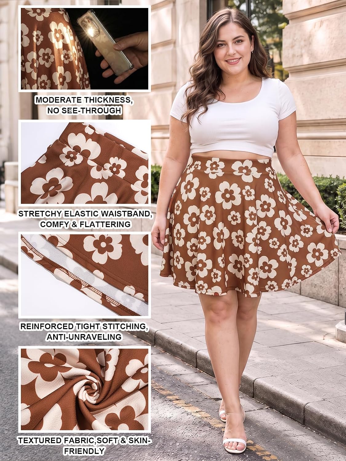 Moon Wood Women's Plus Size Skater Skirt High Waisted Flowy Flared Mini Skirt - Floral04 - view 5