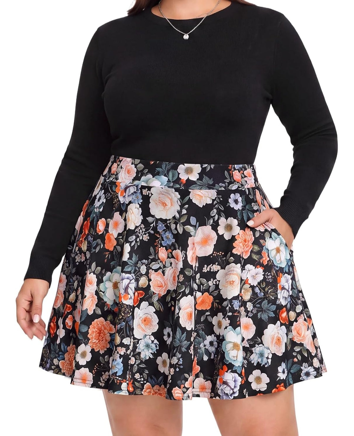 Moon Wood Women's Plus Size Skater Skort with Shorts Pockets High Waisted A-Line Mini Skirt - Floral02 - view 1