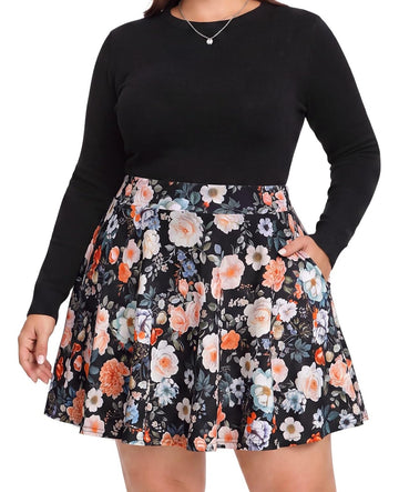 Moon Wood Women's Plus Size Skater Skort with Shorts Pockets High Waisted A-Line Mini Skirt - Floral02 - view 1