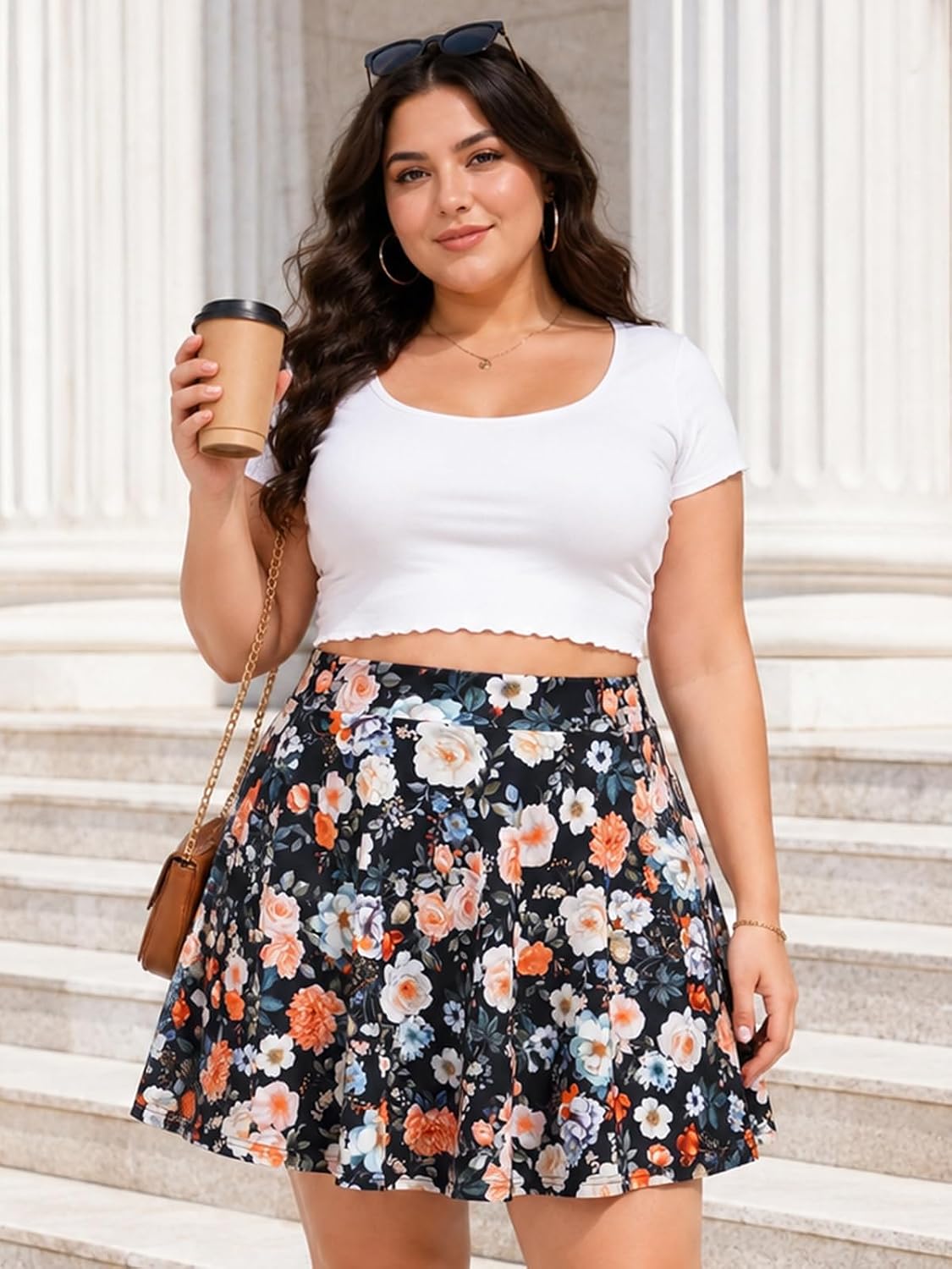 Moon Wood Women's Plus Size Skater Skort with Shorts Pockets High Waisted A-Line Mini Skirt - Floral02 - view 2