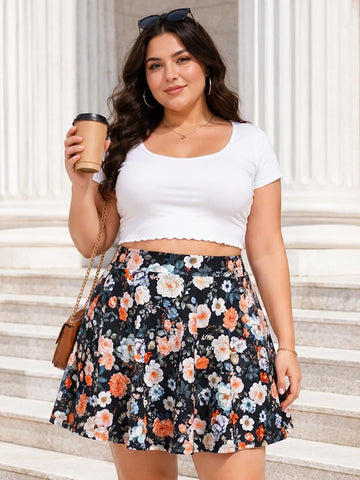 Moon Wood Women's Plus Size Skater Skort with Shorts Pockets High Waisted A-Line Mini Skirt - Floral02 - view 2