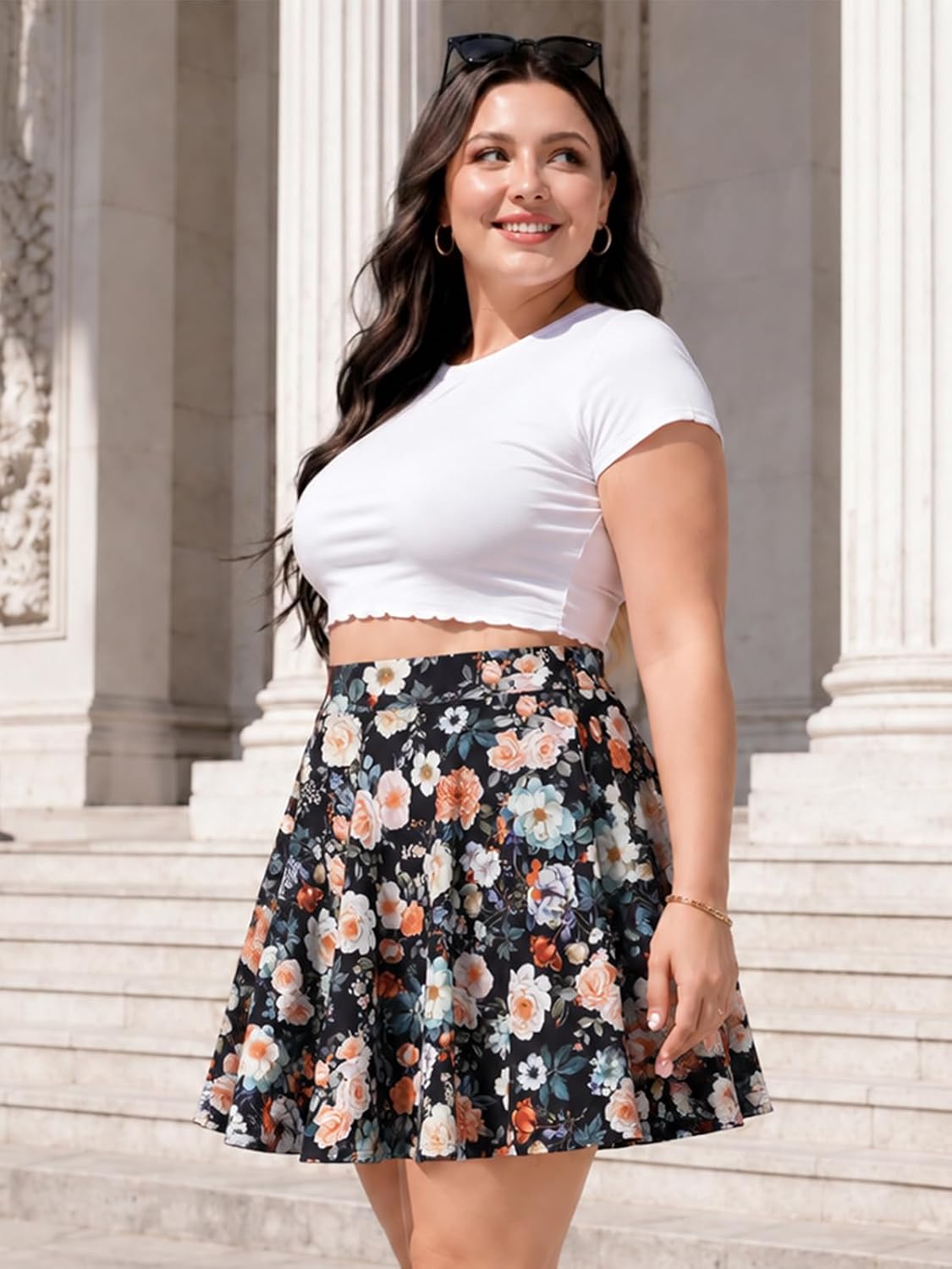 Moon Wood Women's Plus Size Skater Skort with Shorts Pockets High Waisted A-Line Mini Skirt - Floral02 - view 3