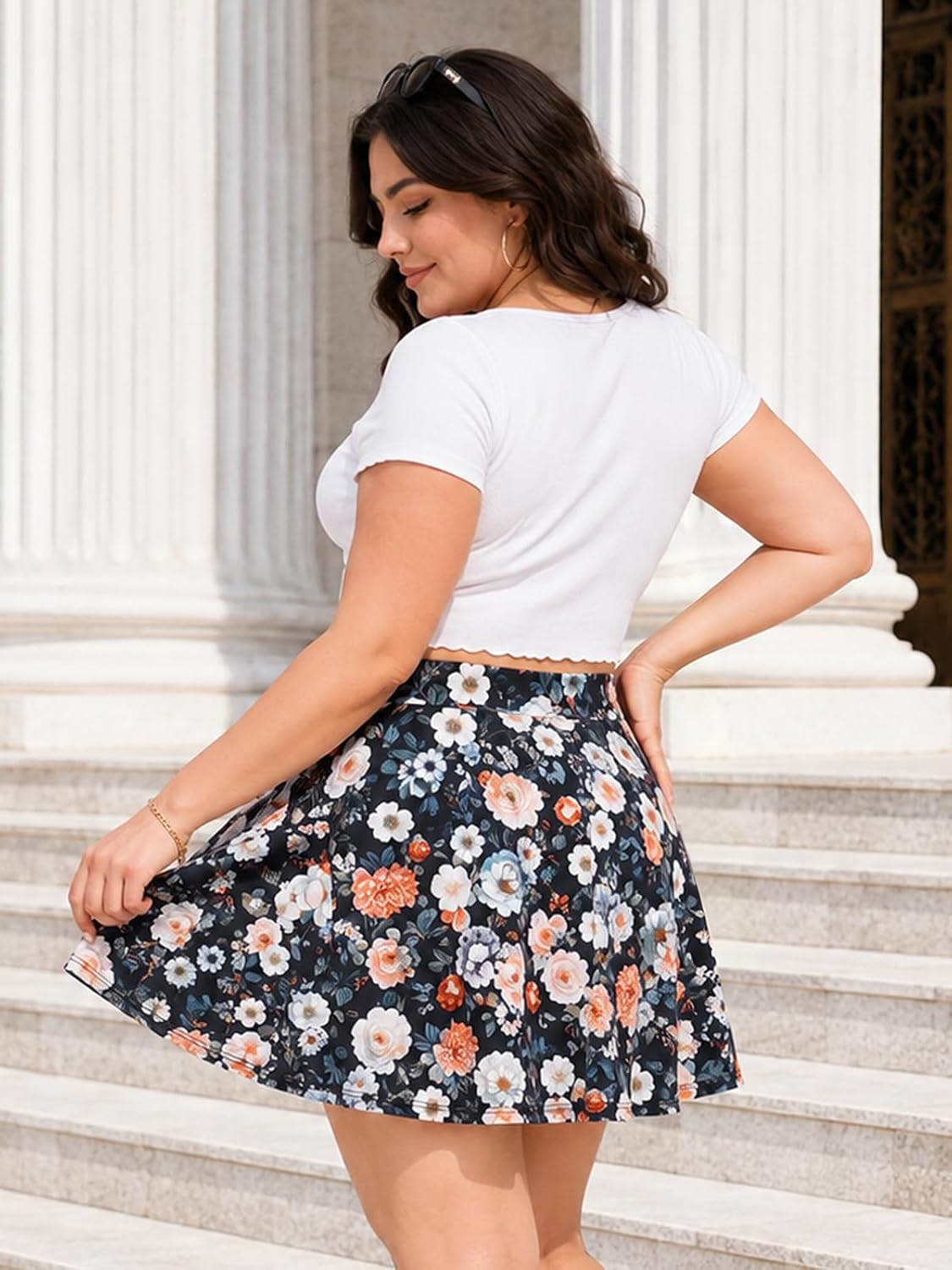 Moon Wood Women's Plus Size Skater Skort with Shorts Pockets High Waisted A-Line Mini Skirt - Floral02 - view 4