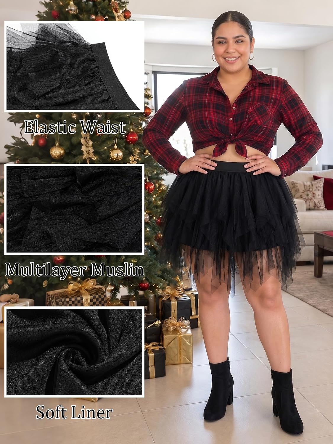 Moon Wood Womens Plus Size Tulle Mini Skirt A line Layered Fairy Skirt - Black