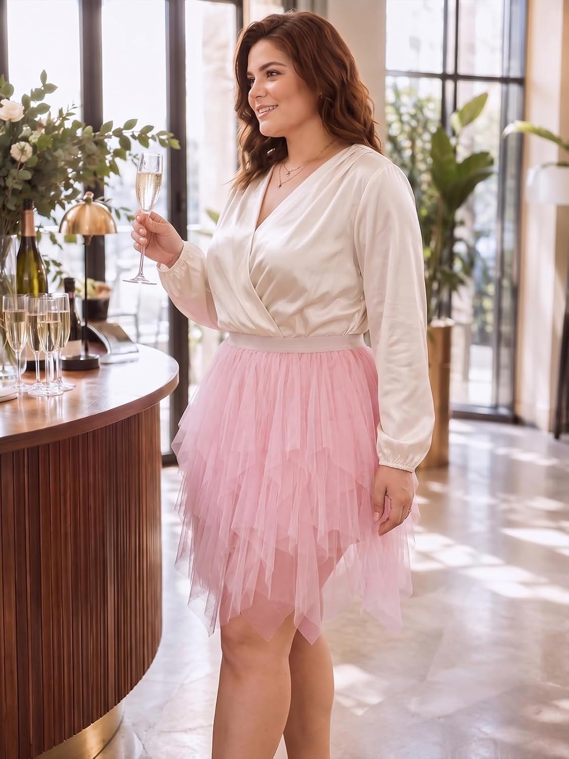 Moon Wood Womens Plus Size Tulle Mini Skirt A line Layered Fairy Skirt - Pink