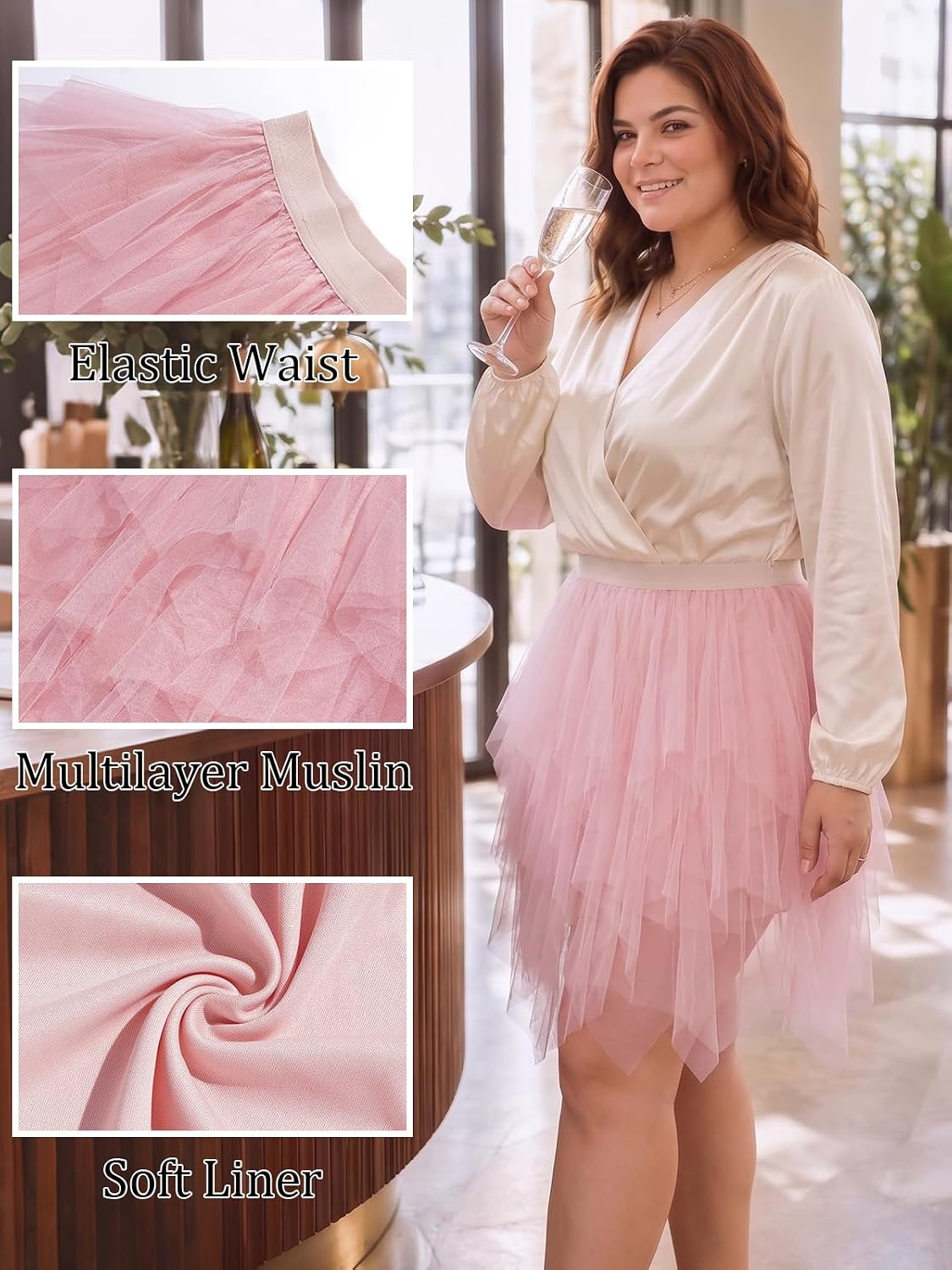 Moon Wood Womens Plus Size Tulle Mini Skirt A line Layered Fairy Skirt - Pink
