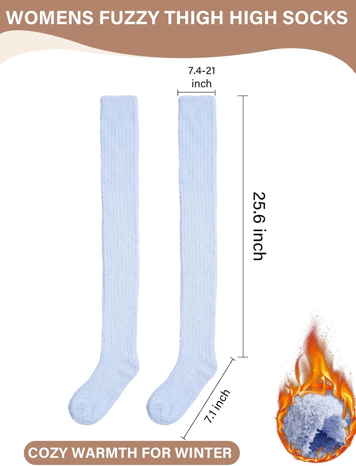 Moon Wood Womens Thigh High Socks Long Soft Warm Leg Warmers Fuzzy Over Knee High Stockings Coral Fleece Plush Socks - Baby Blue