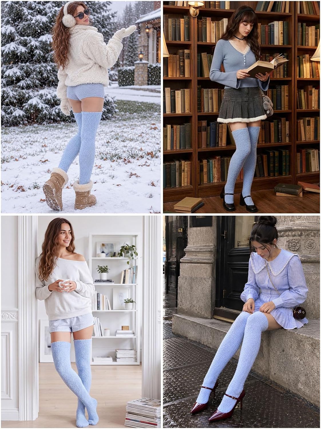 Moon Wood Womens Thigh High Socks Long Soft Warm Leg Warmers Fuzzy Over Knee High Stockings Coral Fleece Plush Socks - Baby Blue