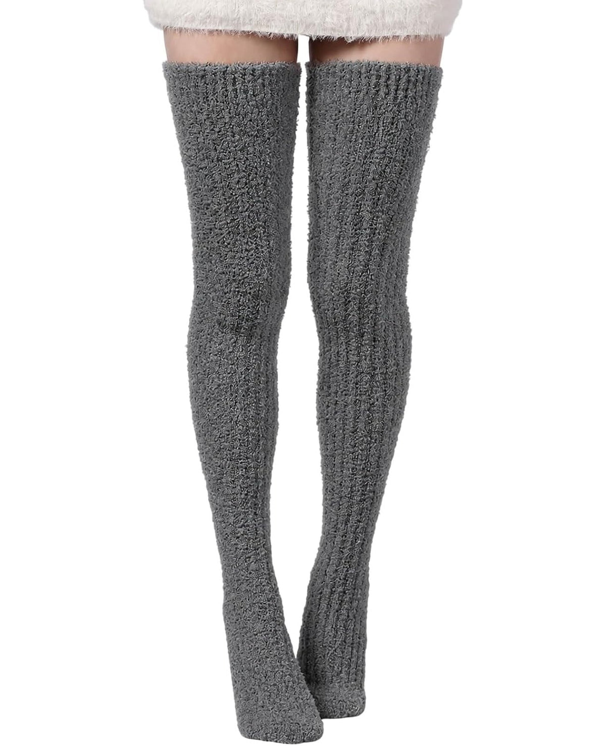 Moon Wood Womens Thigh High Socks Long Soft Warm Leg Warmers Fuzzy Over Knee High Stockings Coral Fleece Plush Socks - Dark Grey