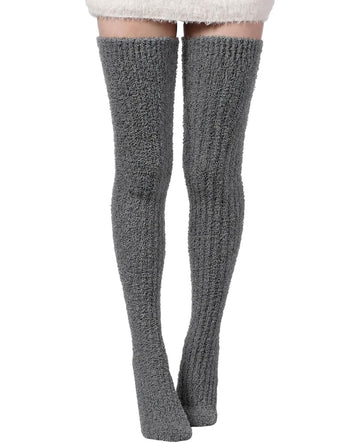 Moon Wood Womens Thigh High Socks Long Soft Warm Leg Warmers Fuzzy Over Knee High Stockings Coral Fleece Plush Socks - Dark Grey