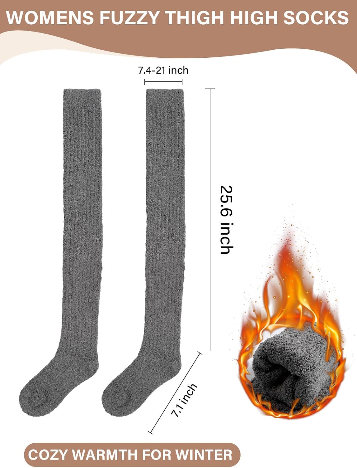 Moon Wood Womens Thigh High Socks Long Soft Warm Leg Warmers Fuzzy Over Knee High Stockings Coral Fleece Plush Socks - Dark Grey