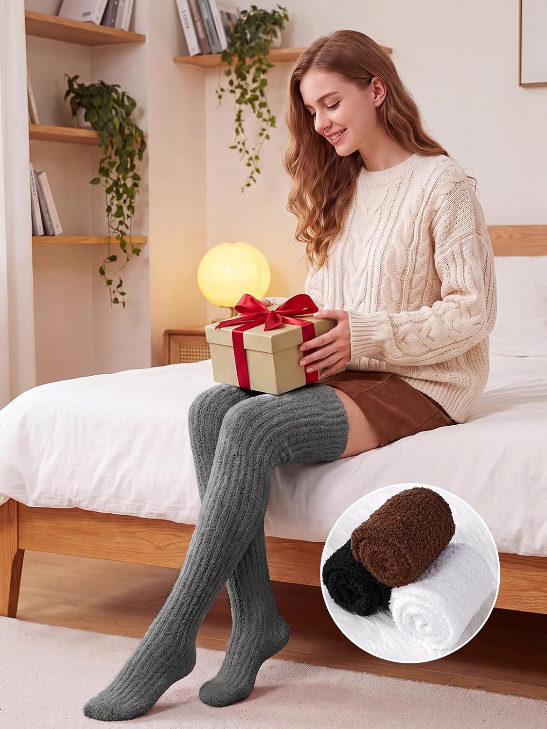 Moon Wood Womens Thigh High Socks Long Soft Warm Leg Warmers Fuzzy Over Knee High Stockings Coral Fleece Plush Socks - Dark Grey