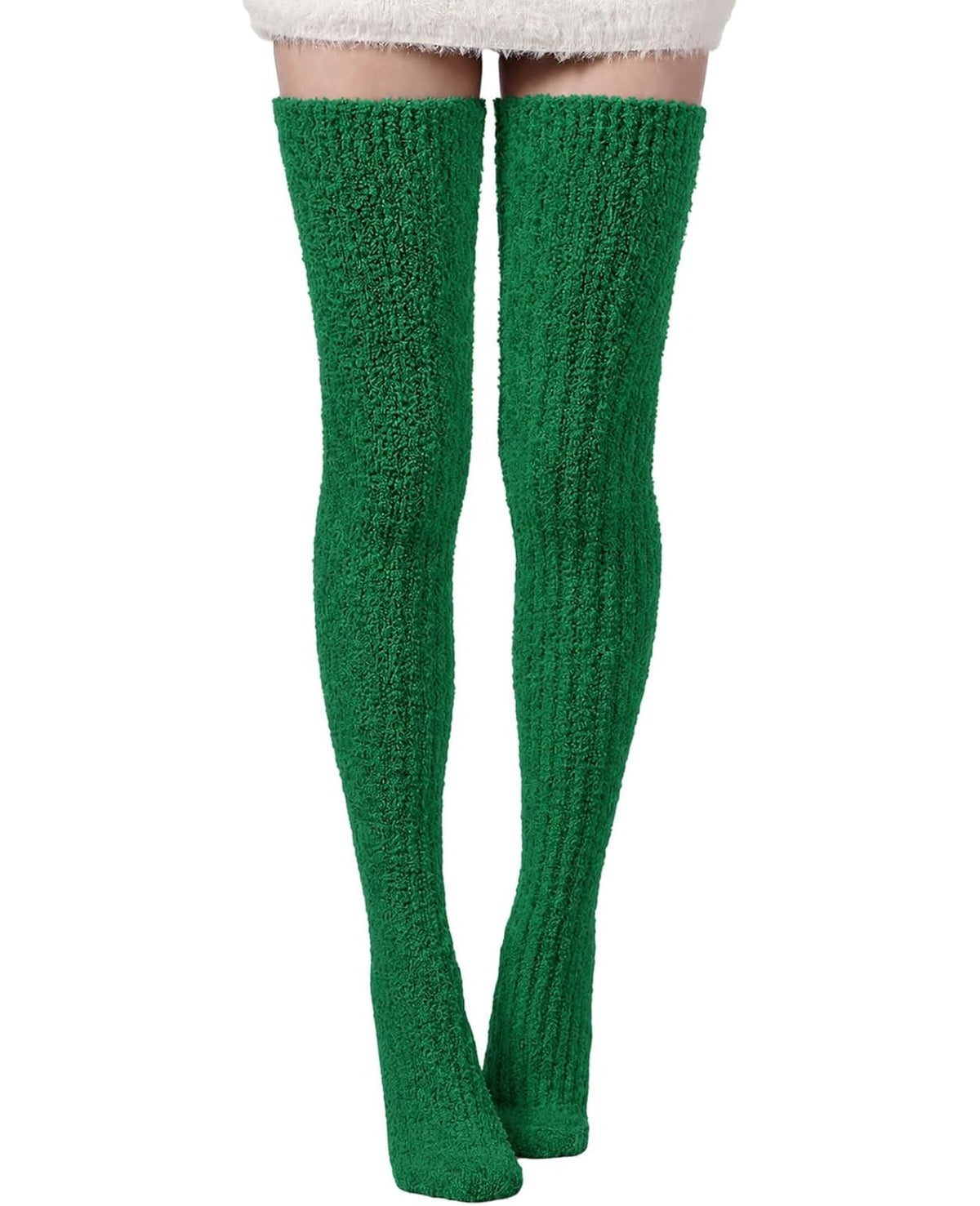 Moon Wood Womens Thigh High Socks Long Soft Warm Leg Warmers Fuzzy Over Knee High Stockings Coral Fleece Plush Socks - Green