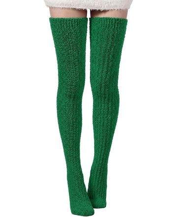 Moon Wood Womens Thigh High Socks Long Soft Warm Leg Warmers Fuzzy Over Knee High Stockings Coral Fleece Plush Socks - Green