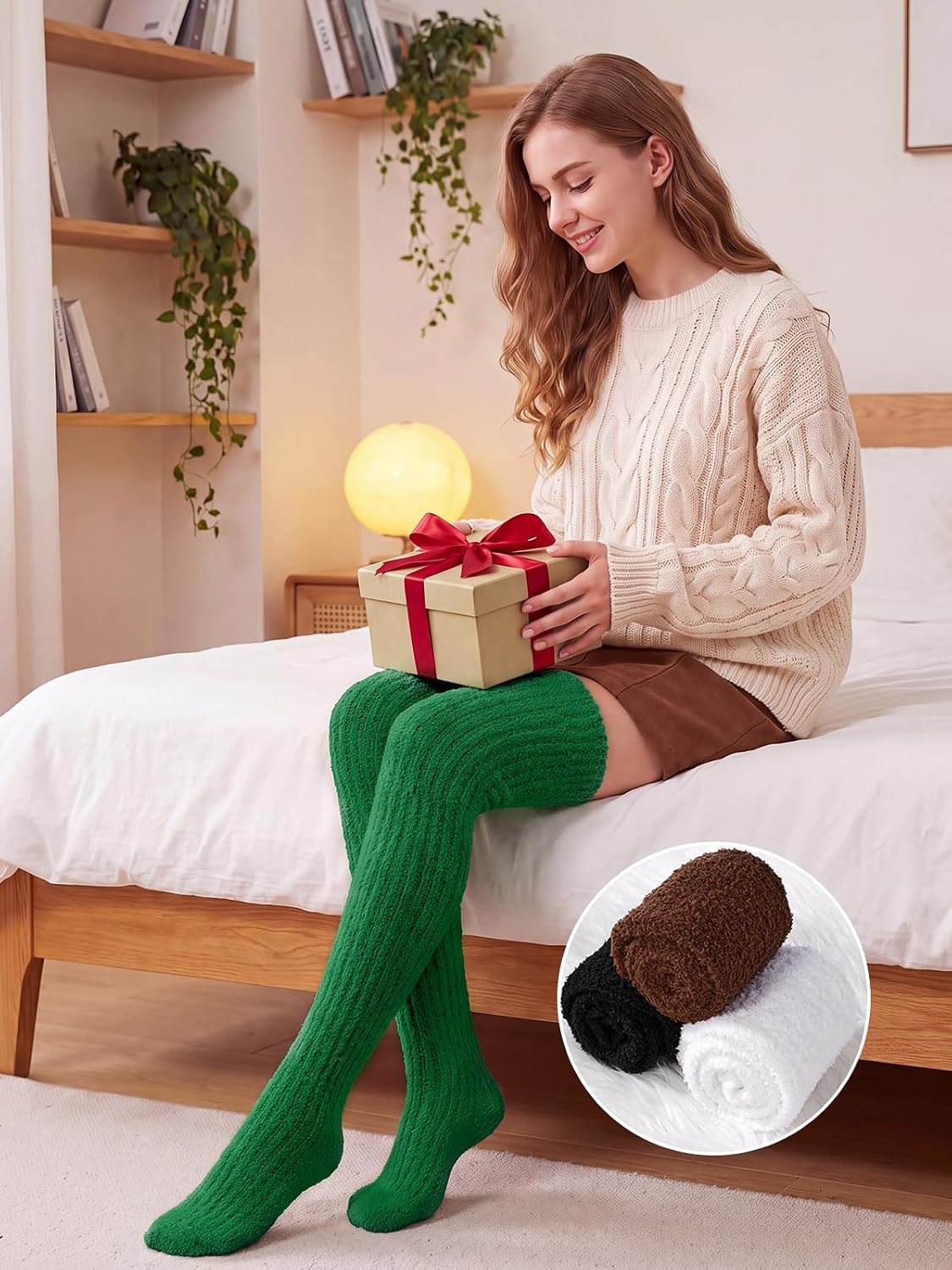 Moon Wood Womens Thigh High Socks Long Soft Warm Leg Warmers Fuzzy Over Knee High Stockings Coral Fleece Plush Socks - Green