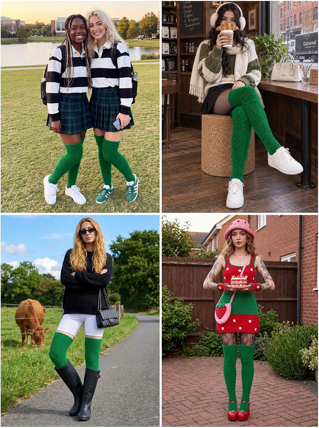 Moon Wood Womens Thigh High Socks Long Soft Warm Leg Warmers Fuzzy Over Knee High Stockings Coral Fleece Plush Socks - Green