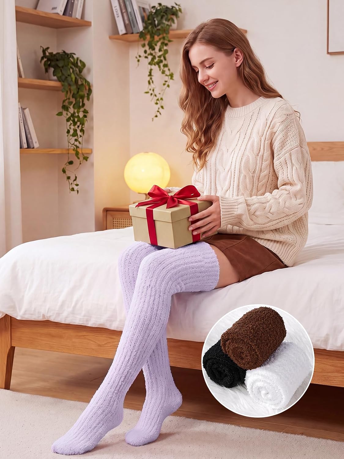 Moon Wood Womens Thigh High Socks Long Soft Warm Leg Warmers Fuzzy Over Knee High Stockings Coral Fleece Plush Socks - Light Purple
