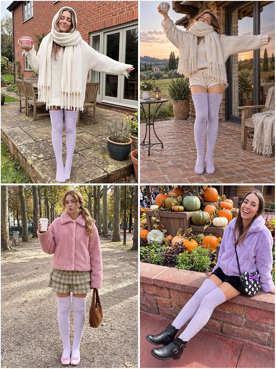 Moon Wood Womens Thigh High Socks Long Soft Warm Leg Warmers Fuzzy Over Knee High Stockings Coral Fleece Plush Socks - Light Purple