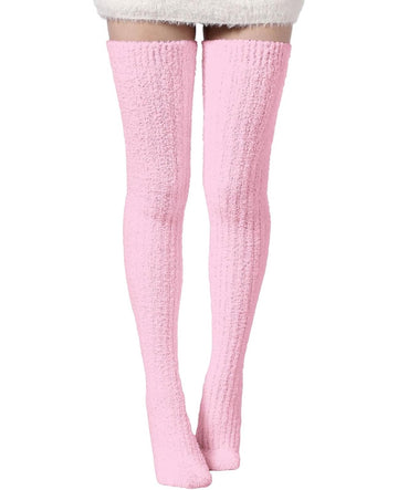 Moon Wood Womens Thigh High Socks Long Soft Warm Leg Warmers Fuzzy Over Knee High Stockings Coral Fleece Plush Socks - Pink