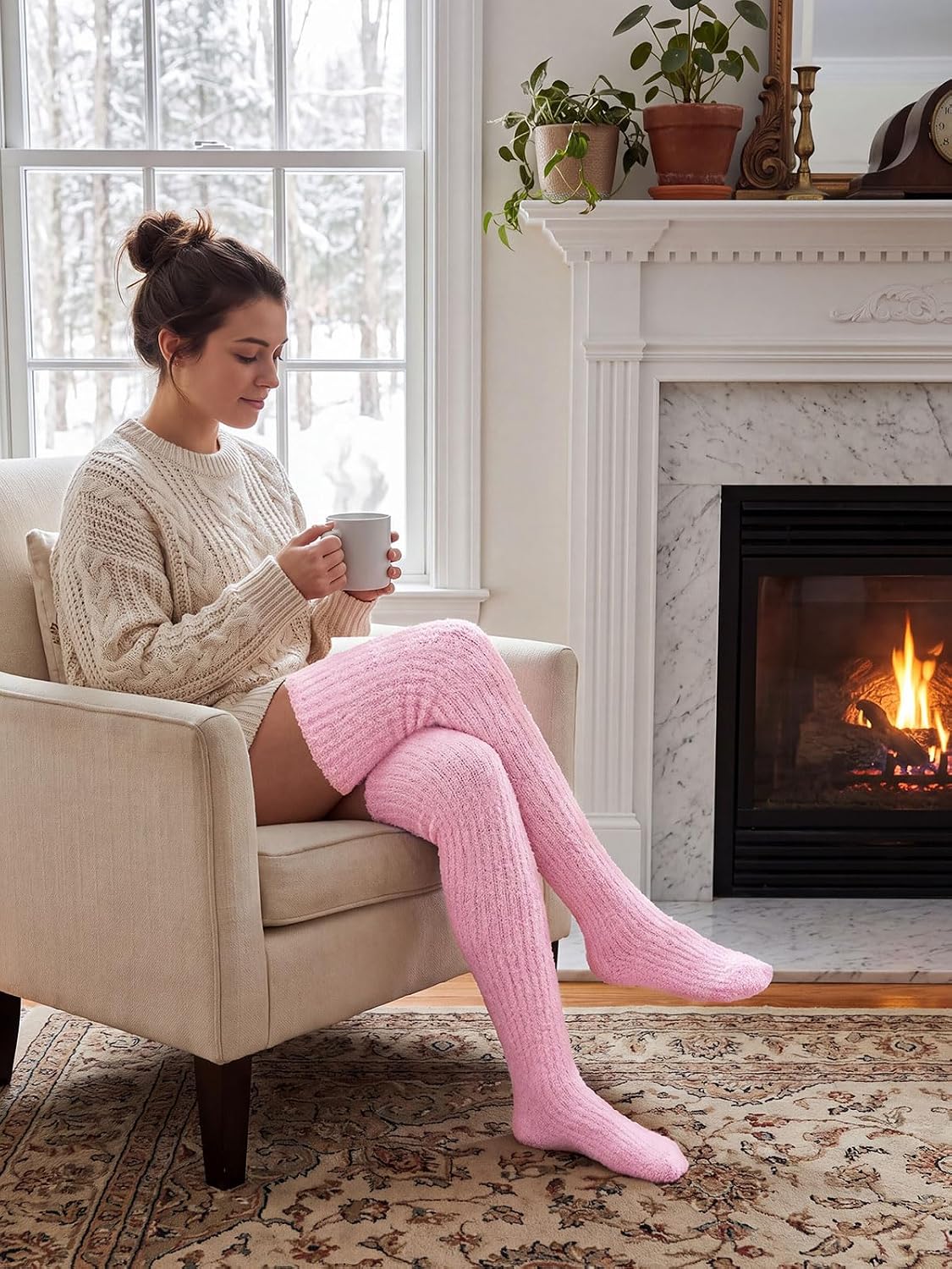 Moon Wood Womens Thigh High Socks Long Soft Warm Leg Warmers Fuzzy Over Knee High Stockings Coral Fleece Plush Socks - Pink