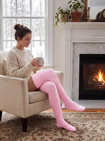 Moon Wood Womens Thigh High Socks Long Soft Warm Leg Warmers Fuzzy Over Knee High Stockings Coral Fleece Plush Socks - Pink