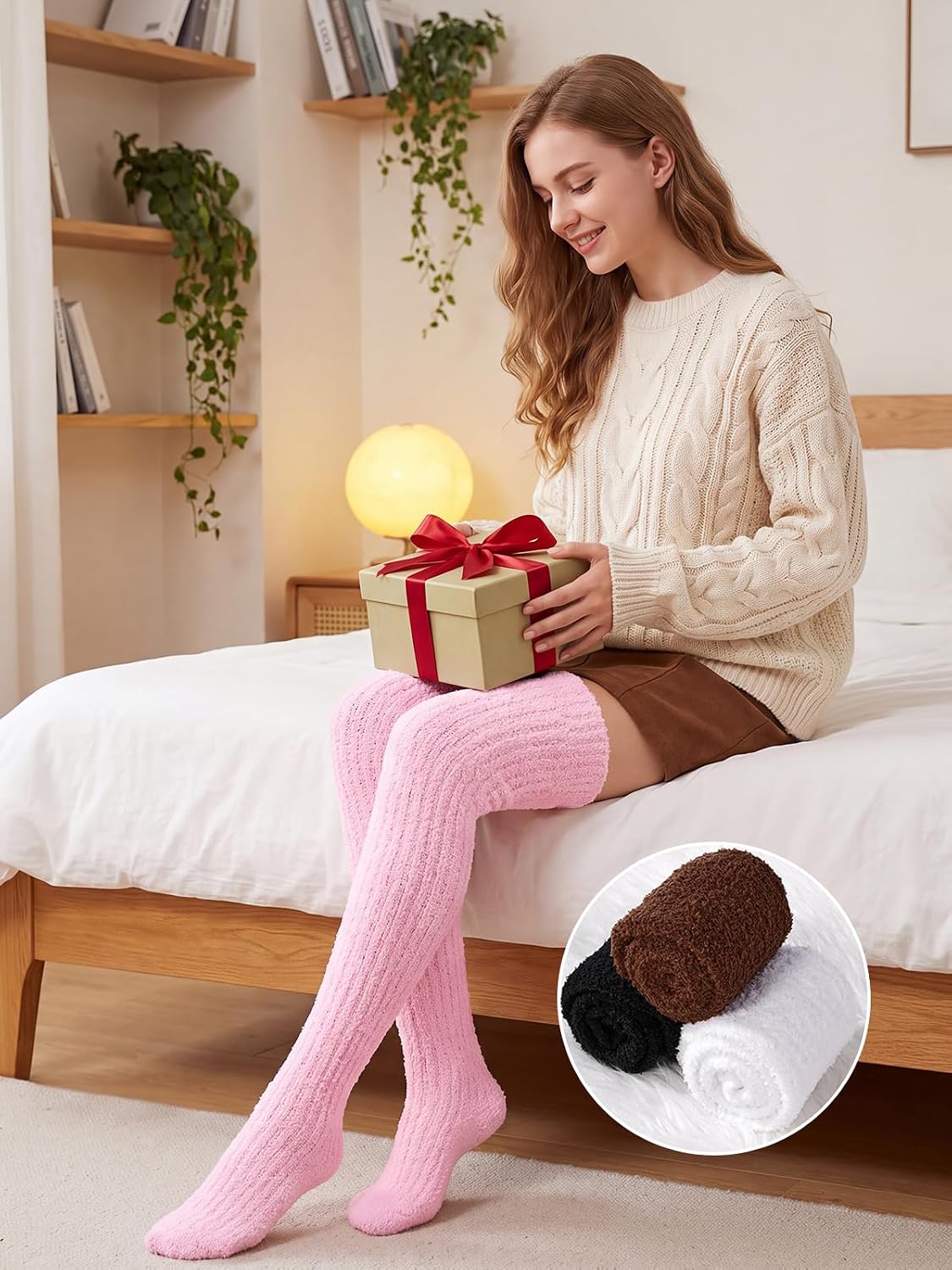 Moon Wood Womens Thigh High Socks Long Soft Warm Leg Warmers Fuzzy Over Knee High Stockings Coral Fleece Plush Socks - Pink