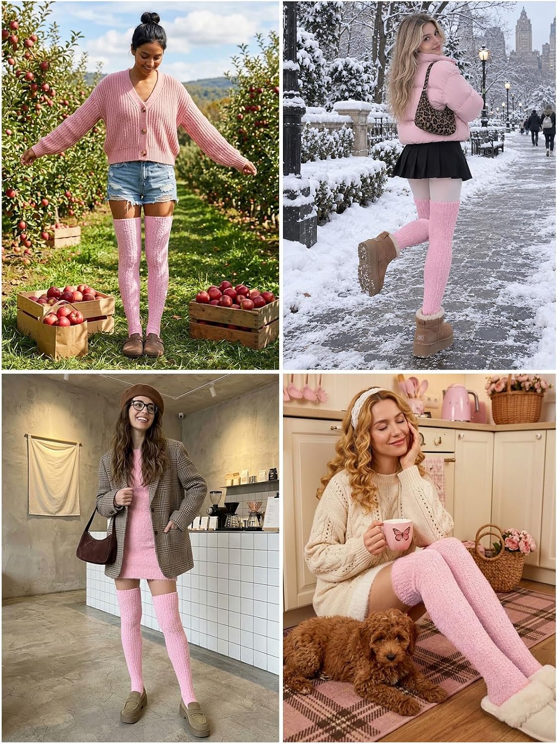 Moon Wood Womens Thigh High Socks Long Soft Warm Leg Warmers Fuzzy Over Knee High Stockings Coral Fleece Plush Socks - Pink