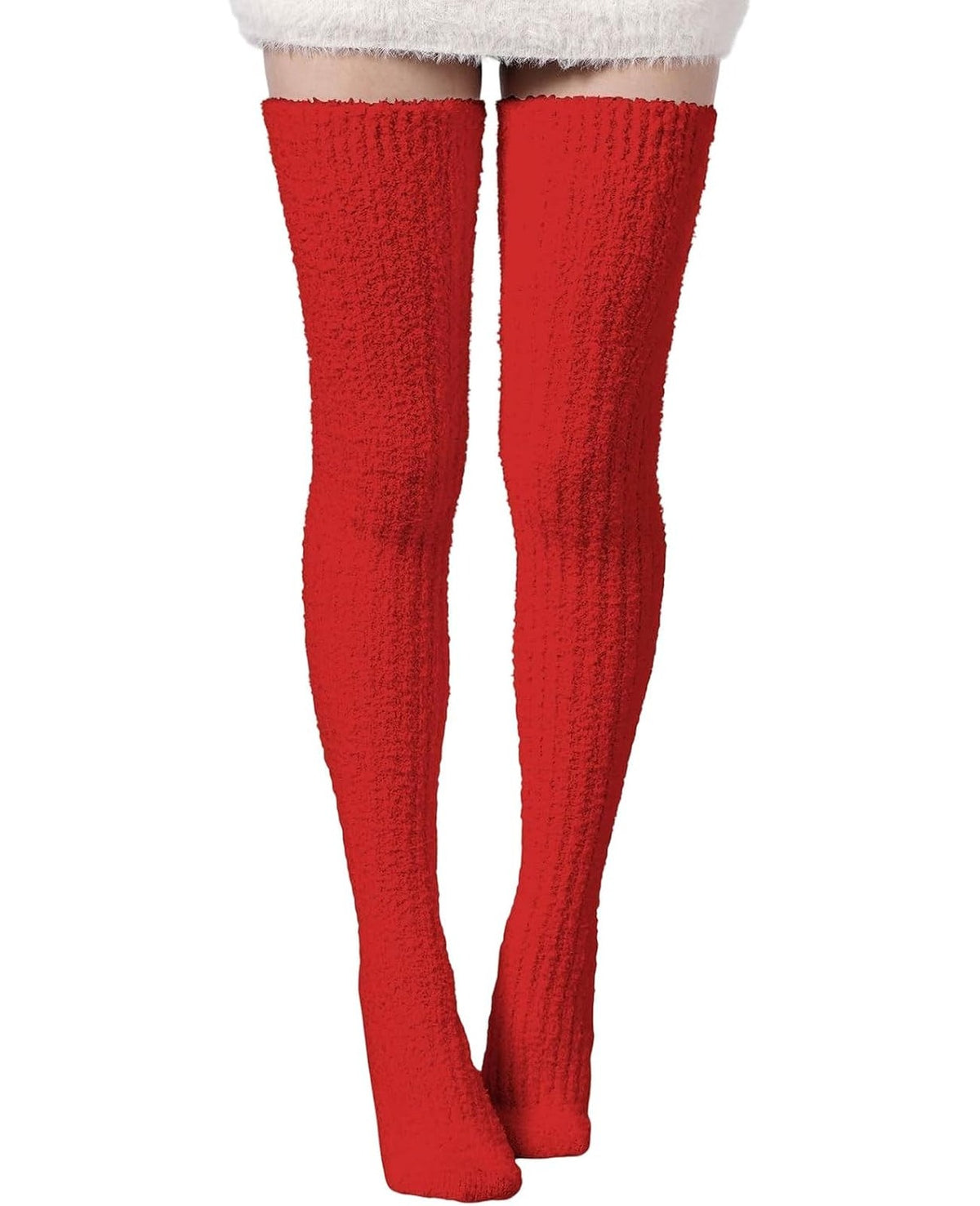 Moon Wood Womens Thigh High Socks Long Soft Warm Leg Warmers Fuzzy Over Knee High Stockings Coral Fleece Plush Socks - Red