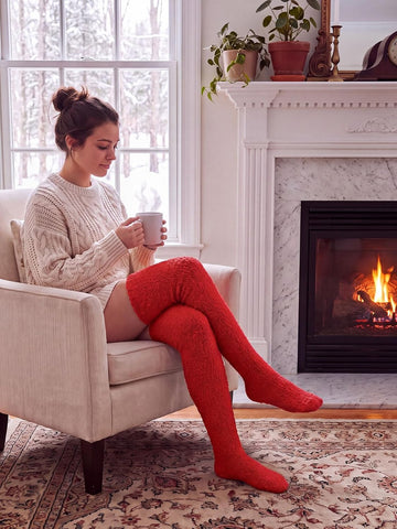 Moon Wood Womens Thigh High Socks Long Soft Warm Leg Warmers Fuzzy Over Knee High Stockings Coral Fleece Plush Socks - Red