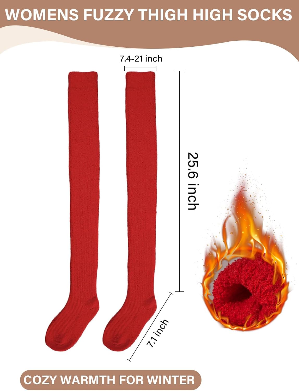 Moon Wood Womens Thigh High Socks Long Soft Warm Leg Warmers Fuzzy Over Knee High Stockings Coral Fleece Plush Socks - Red