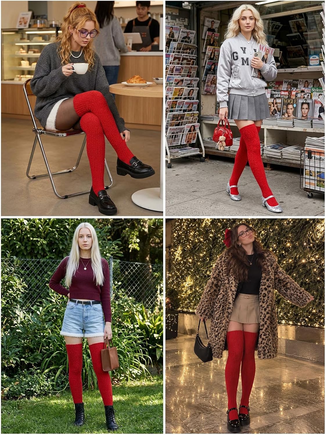 Moon Wood Womens Thigh High Socks Long Soft Warm Leg Warmers Fuzzy Over Knee High Stockings Coral Fleece Plush Socks - Red