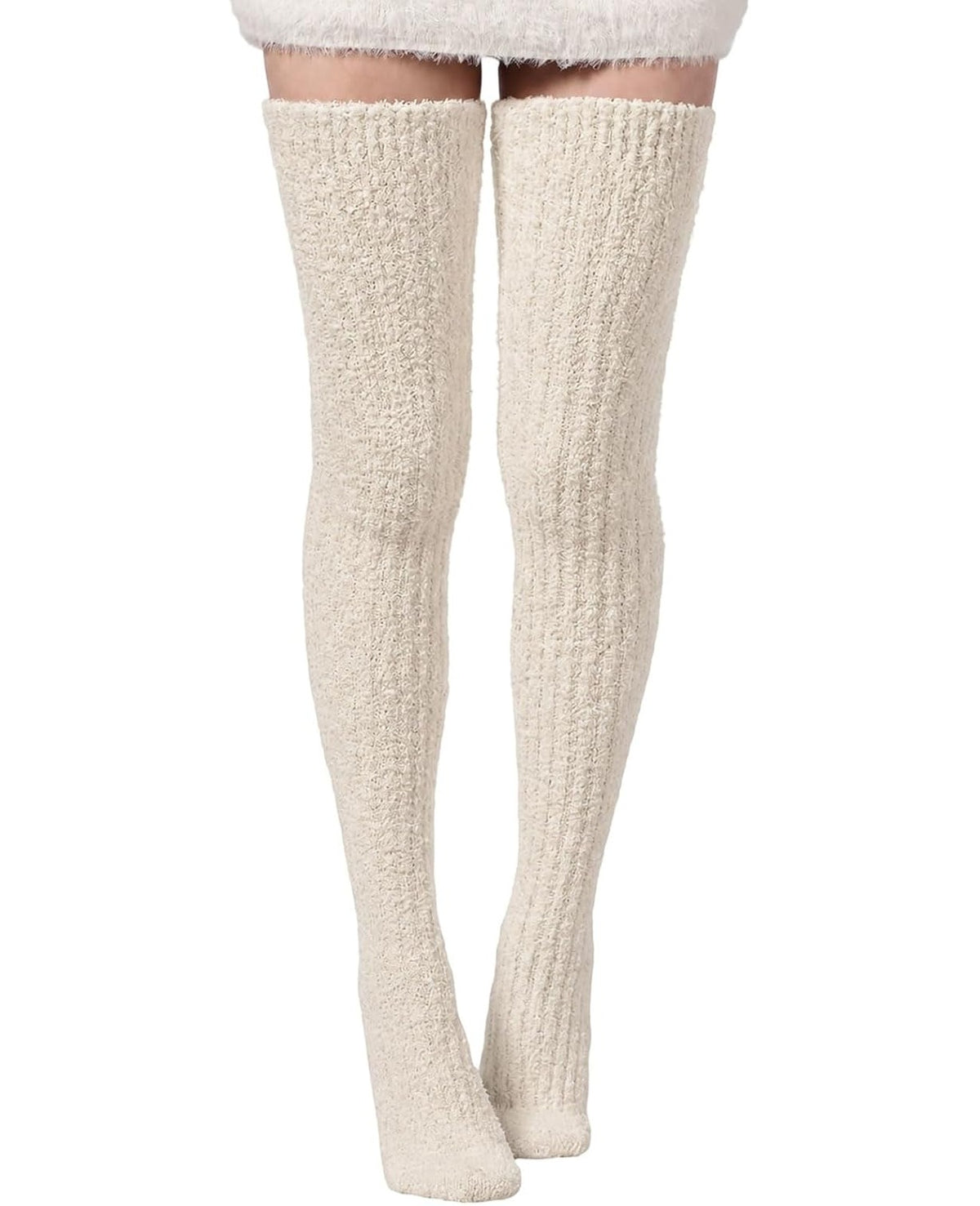 Moon Wood Womens Thigh High Socks Long Soft Warm Leg Warmers Fuzzy Over Knee High Stockings Coral Fleece Plush Socks - Wheat