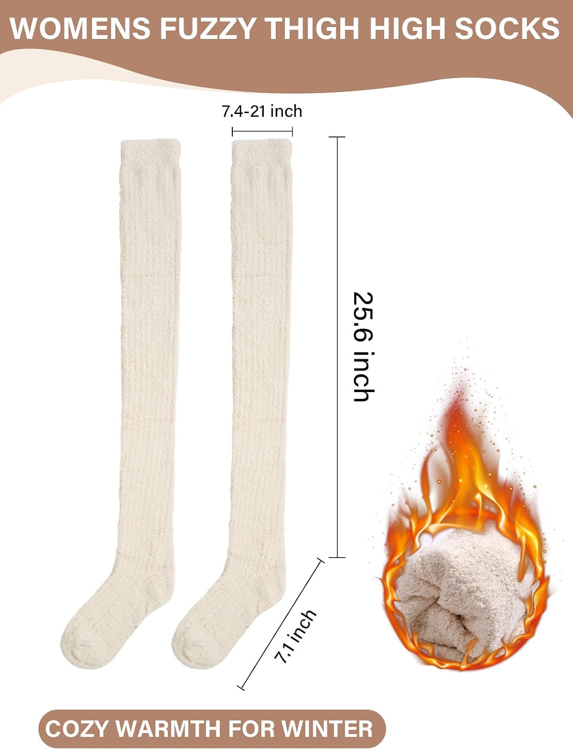 Moon Wood Womens Thigh High Socks Long Soft Warm Leg Warmers Fuzzy Over Knee High Stockings Coral Fleece Plush Socks - Wheat
