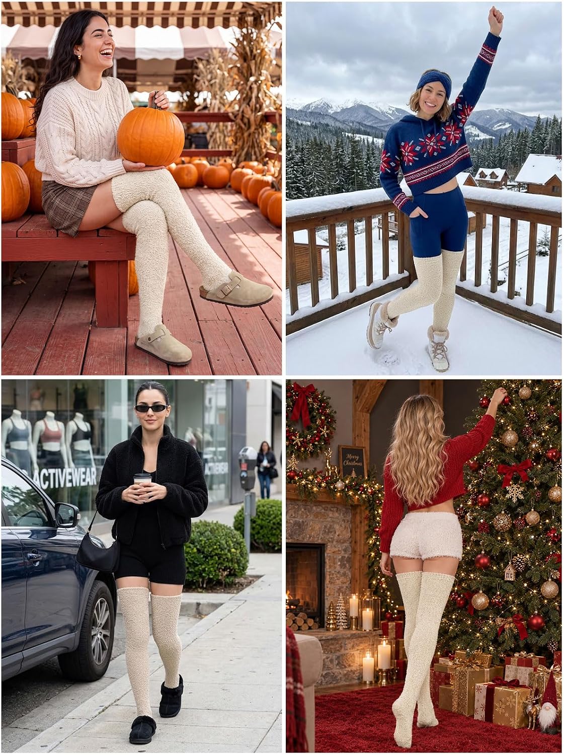 Moon Wood Womens Thigh High Socks Long Soft Warm Leg Warmers Fuzzy Over Knee High Stockings Coral Fleece Plush Socks - Wheat