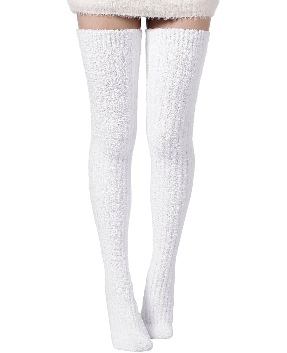 Moon Wood Womens Thigh High Socks Long Soft Warm Leg Warmers Fuzzy Over Knee High Stockings Coral Fleece Plush Socks - White