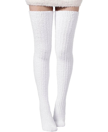 Moon Wood Womens Thigh High Socks Long Soft Warm Leg Warmers Fuzzy Over Knee High Stockings Coral Fleece Plush Socks - White