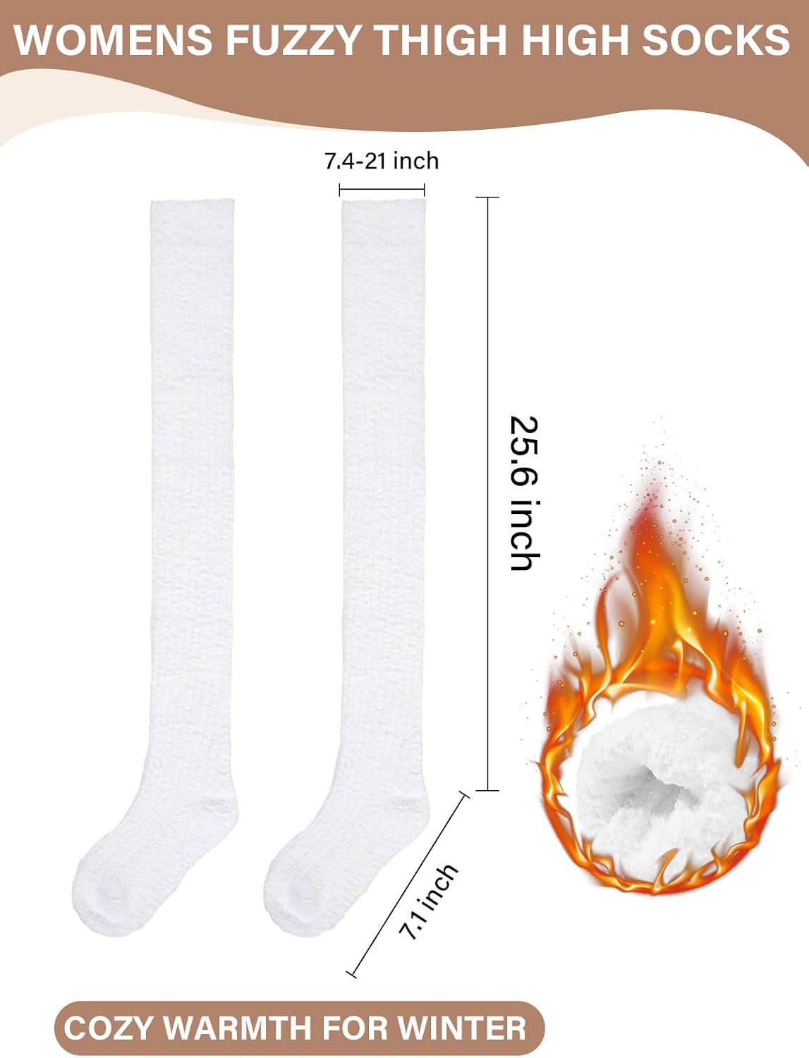 Moon Wood Womens Thigh High Socks Long Soft Warm Leg Warmers Fuzzy Over Knee High Stockings Coral Fleece Plush Socks - White