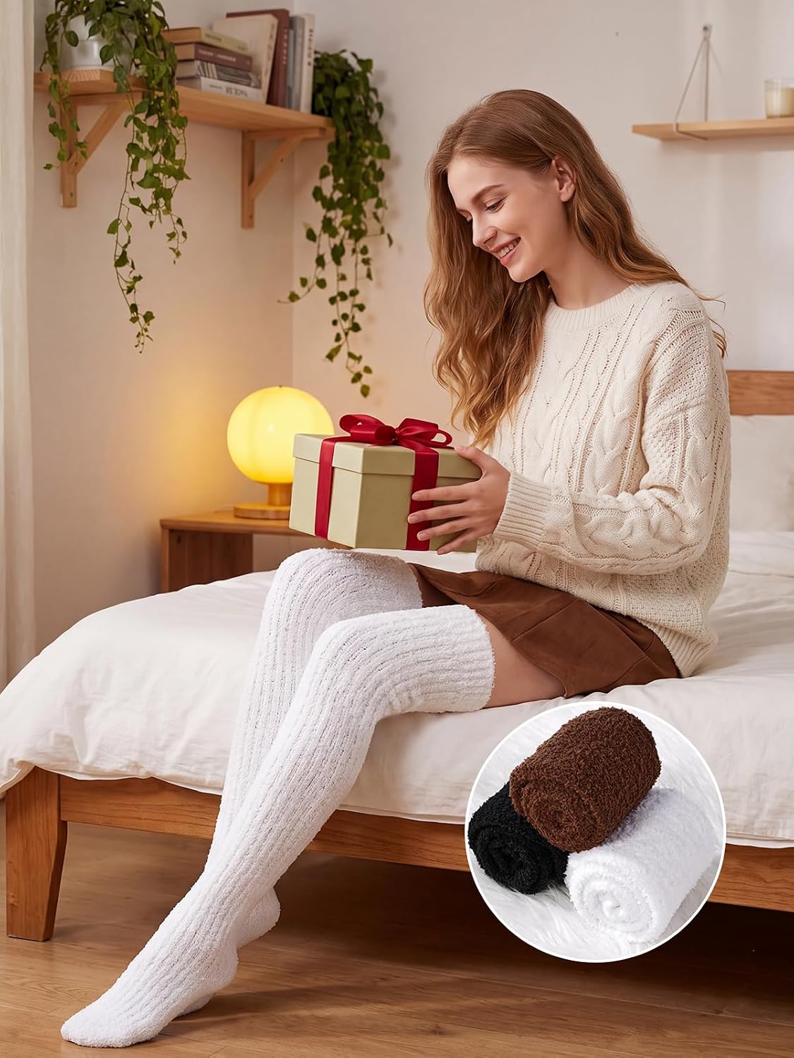Moon Wood Womens Thigh High Socks Long Soft Warm Leg Warmers Fuzzy Over Knee High Stockings Coral Fleece Plush Socks - White