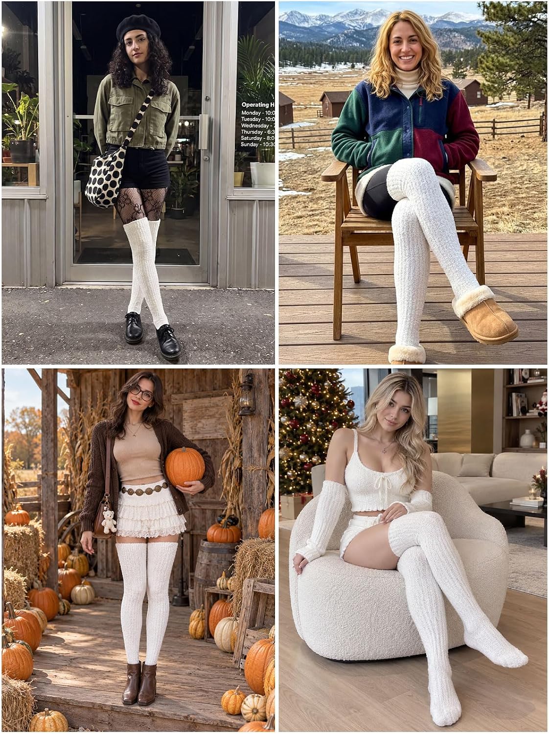 Moon Wood Womens Thigh High Socks Long Soft Warm Leg Warmers Fuzzy Over Knee High Stockings Coral Fleece Plush Socks - White