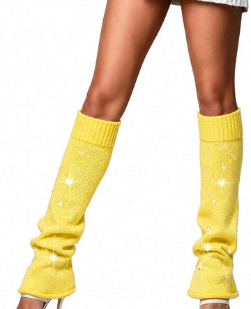 Yellow rhinestone knit slouchy leg warmers with elastic cuffs, flared at the bottom