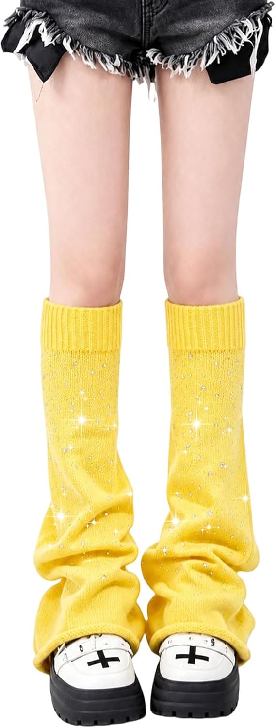Yellow sparkly rhinestone leg warmers in slouch style with ribbed elastic cuffs