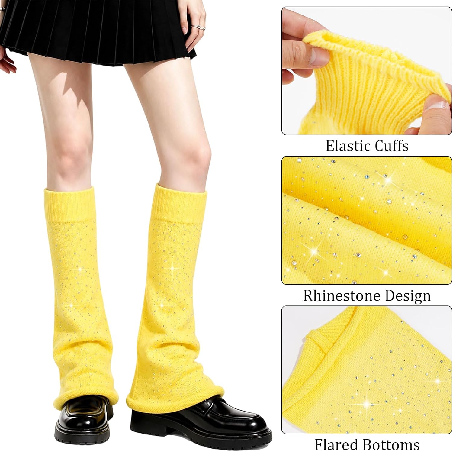 Yellow knit leg warmers with rhinestone design, elastic cuffs and flared bottoms