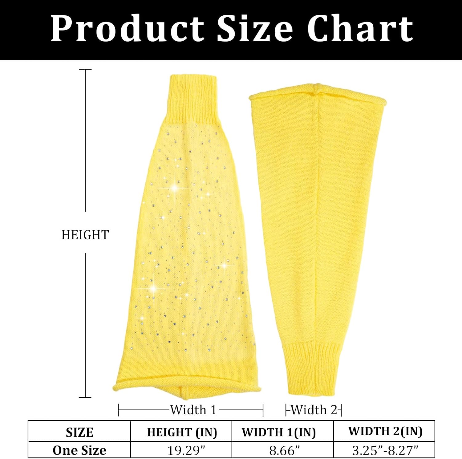 Yellow rhinestone knit leg warmers shown in front and back views on a size chart