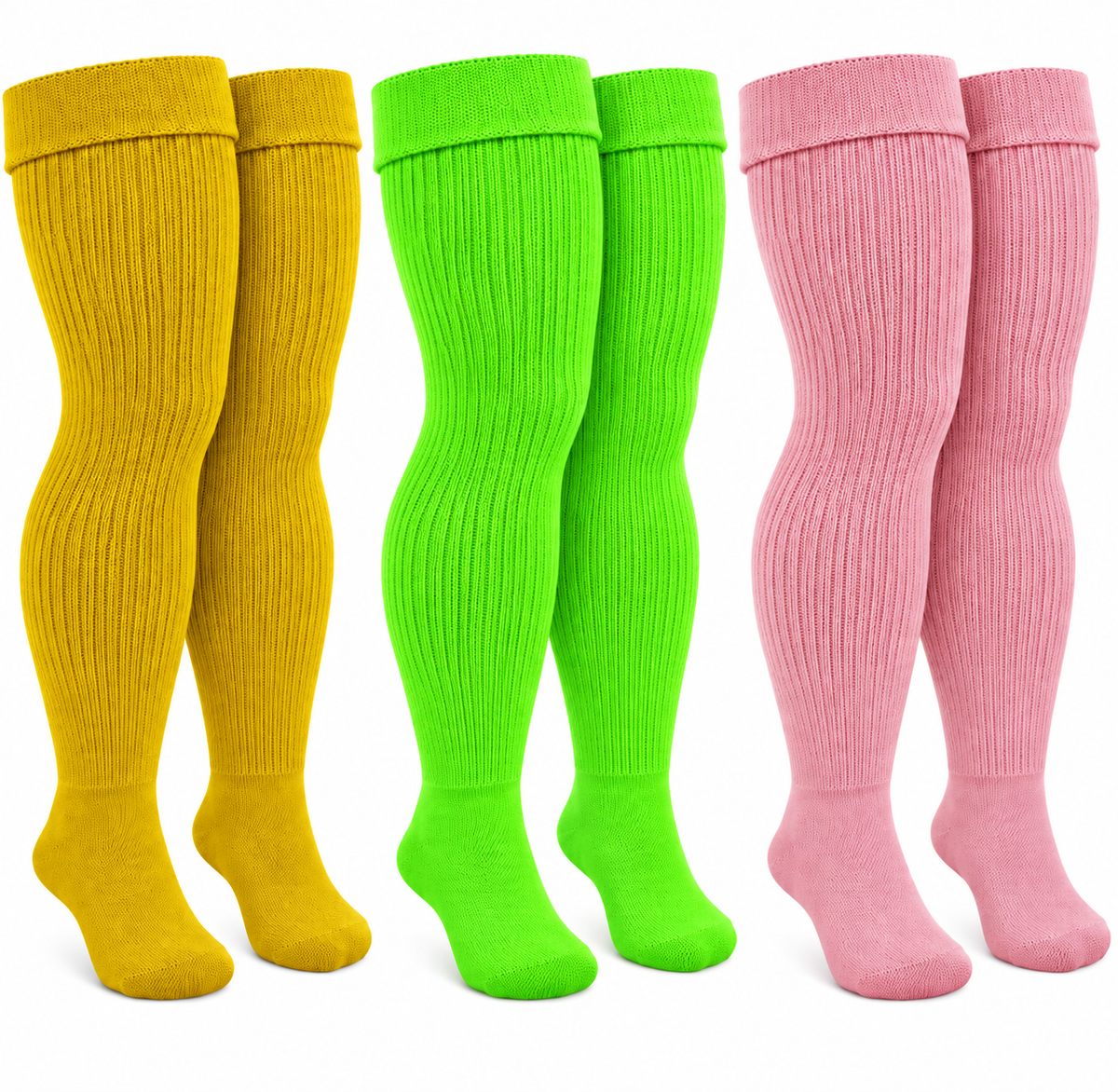 3 pack Mustard Yellow, Neon Green, Salmon Pink plus size thick knit thigh high socks product set