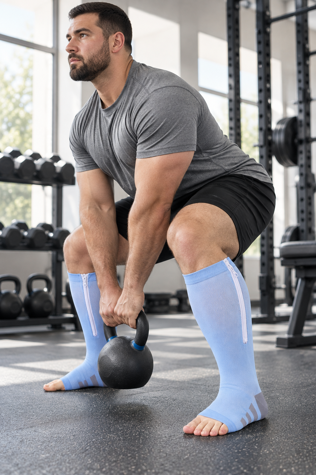Plus size baby blue open toe compression socks with side zipper worn during a kettlebell workout