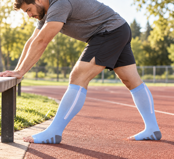 Plus size baby blue open toe compression socks with side zipper worn during a track stretch